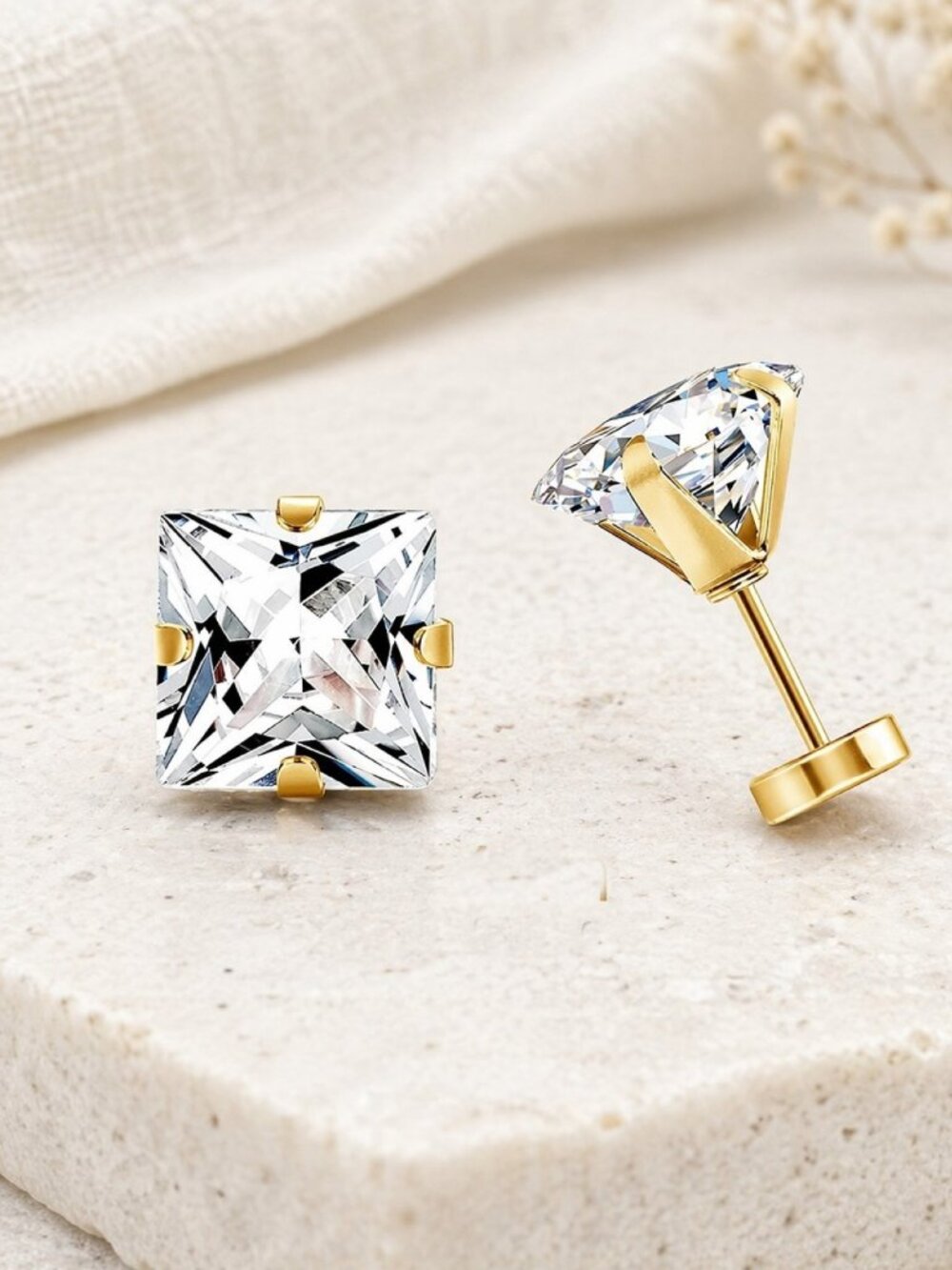 7mm Princess Cut CZ Stud Earrings, 14kt Gold Plated, Hypoallergenic Flat-Back